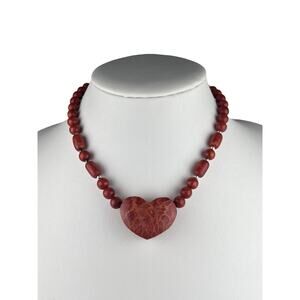 GSJ Coral Heart Beaded 16"-18.5" Sterling Silver Clasp Necklace
